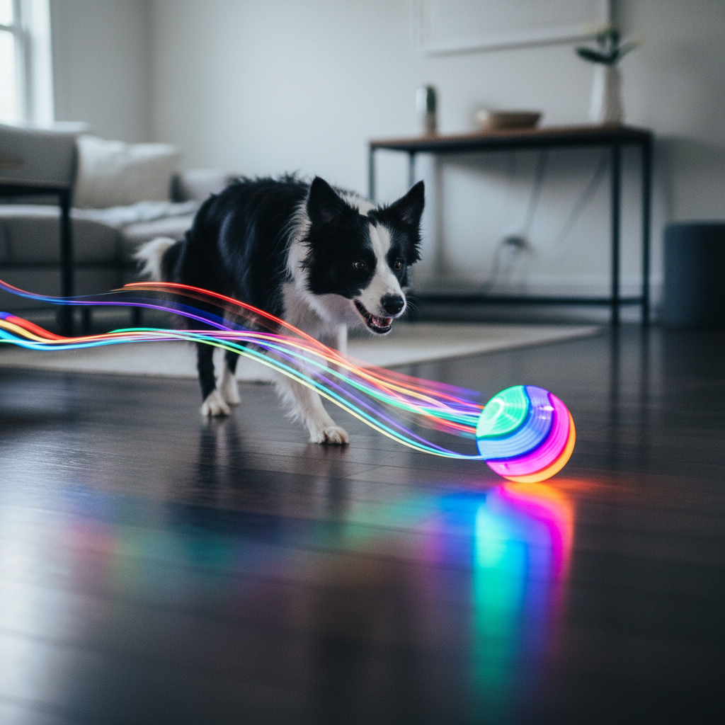 Energetic border collie chasing a glowing RGB toy ball with colorful light trails