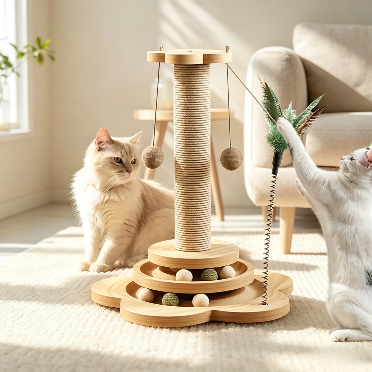 Solid Wood Cat Scratching Activity Center with Sisal and Toys