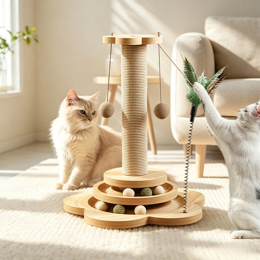 Solid Wood Cat Scratching Activity Center with Toys