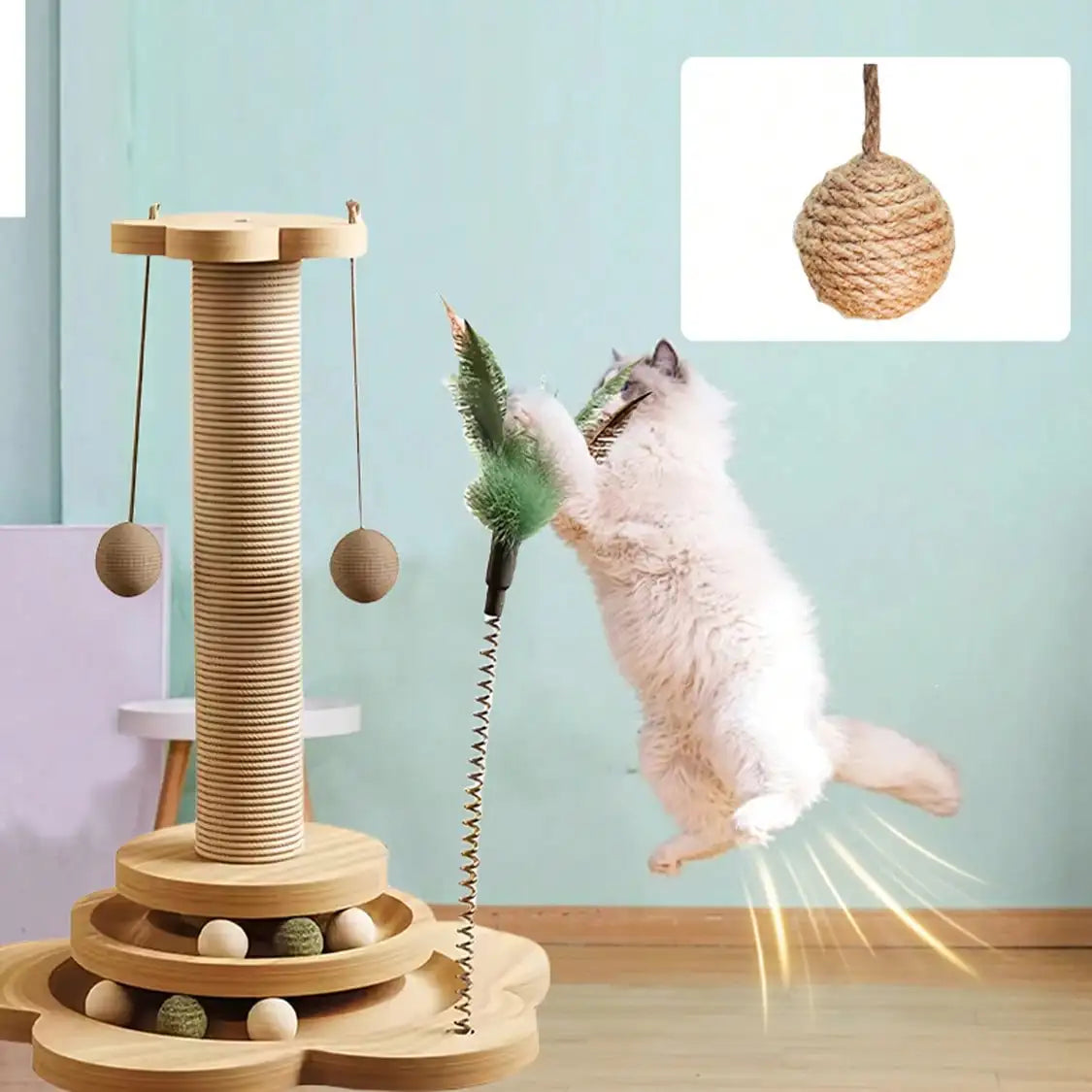 Solid Wood Cat Scratching Activity Center with Sisal and Toys