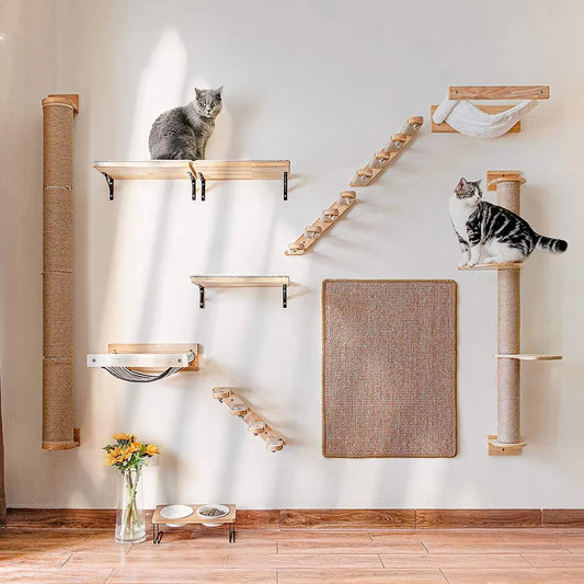 Wall-Mounted Cat Climbing Shelf with Scratching Post
