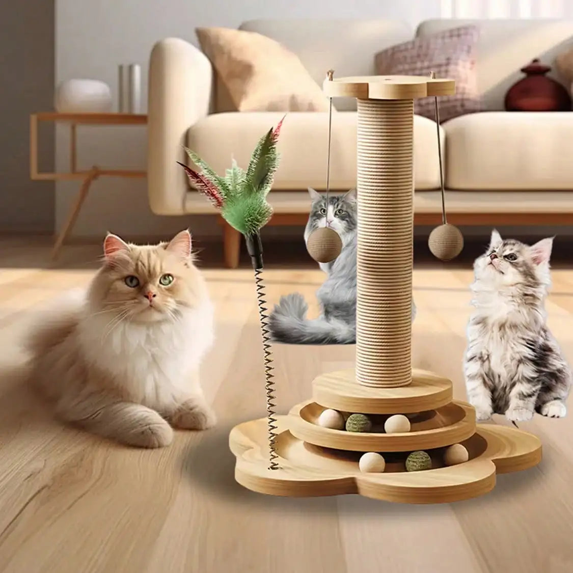 Solid Wood Cat Scratching Activity Center with Sisal and Toys