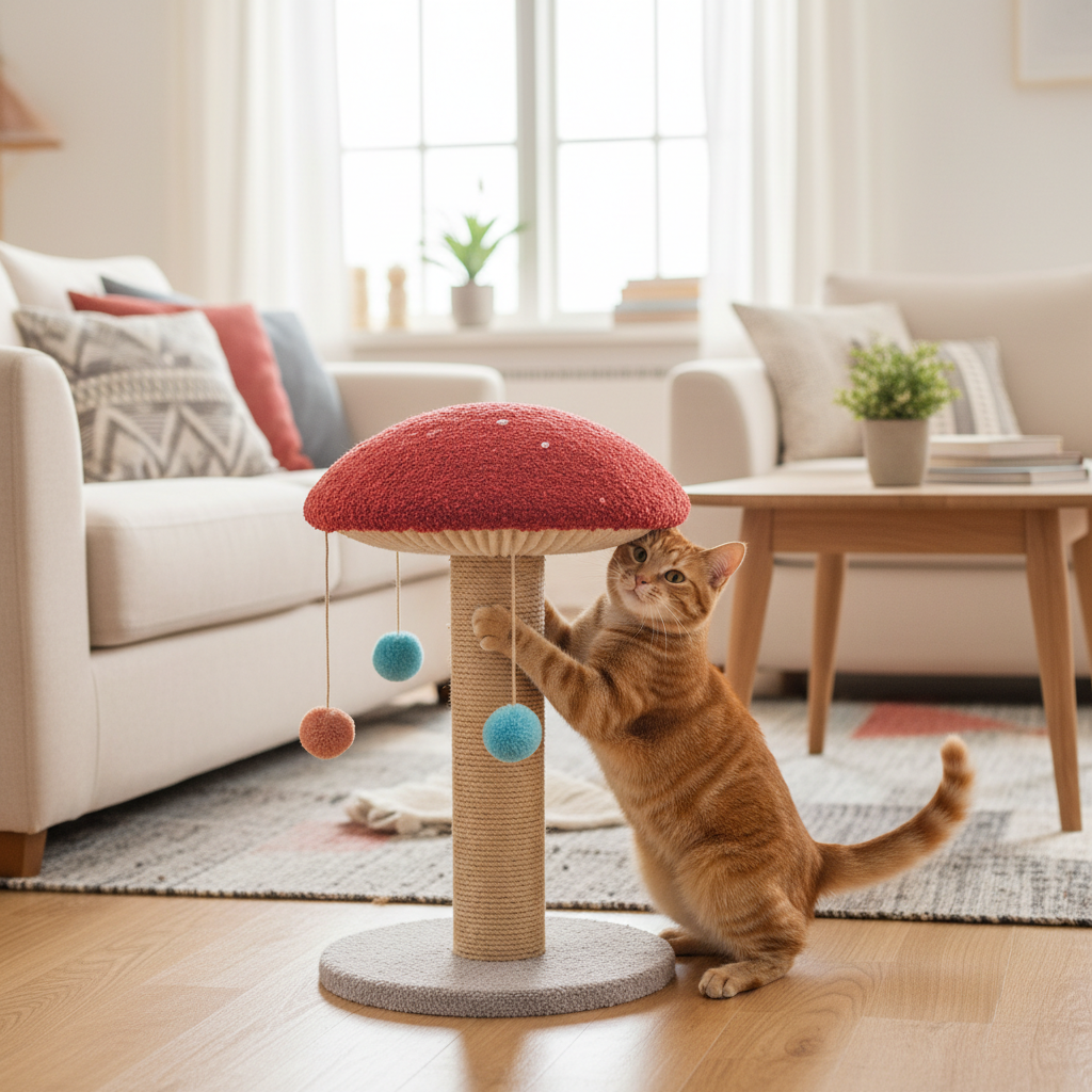 Orange tabby cat playing on a mushroom-shaped scratching post with pompom toys in a cozy living room