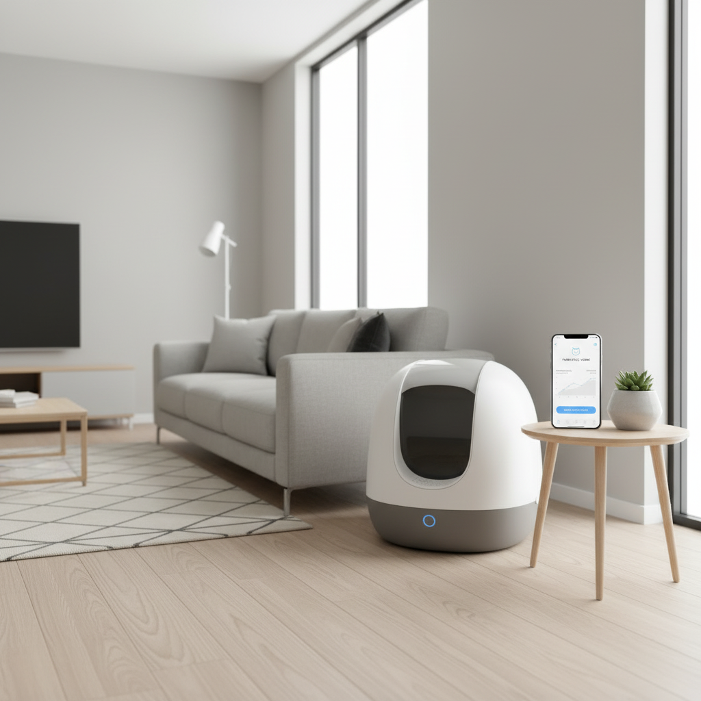 Sleek self-cleaning litter box in a bright modern living room corner with smartphone app interface nearby