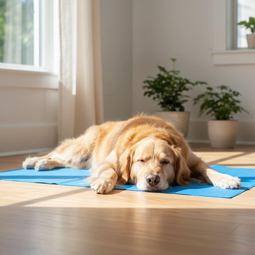 Happy golden retriever lying relaxed on a cooling mat on a sunny hardwood floor